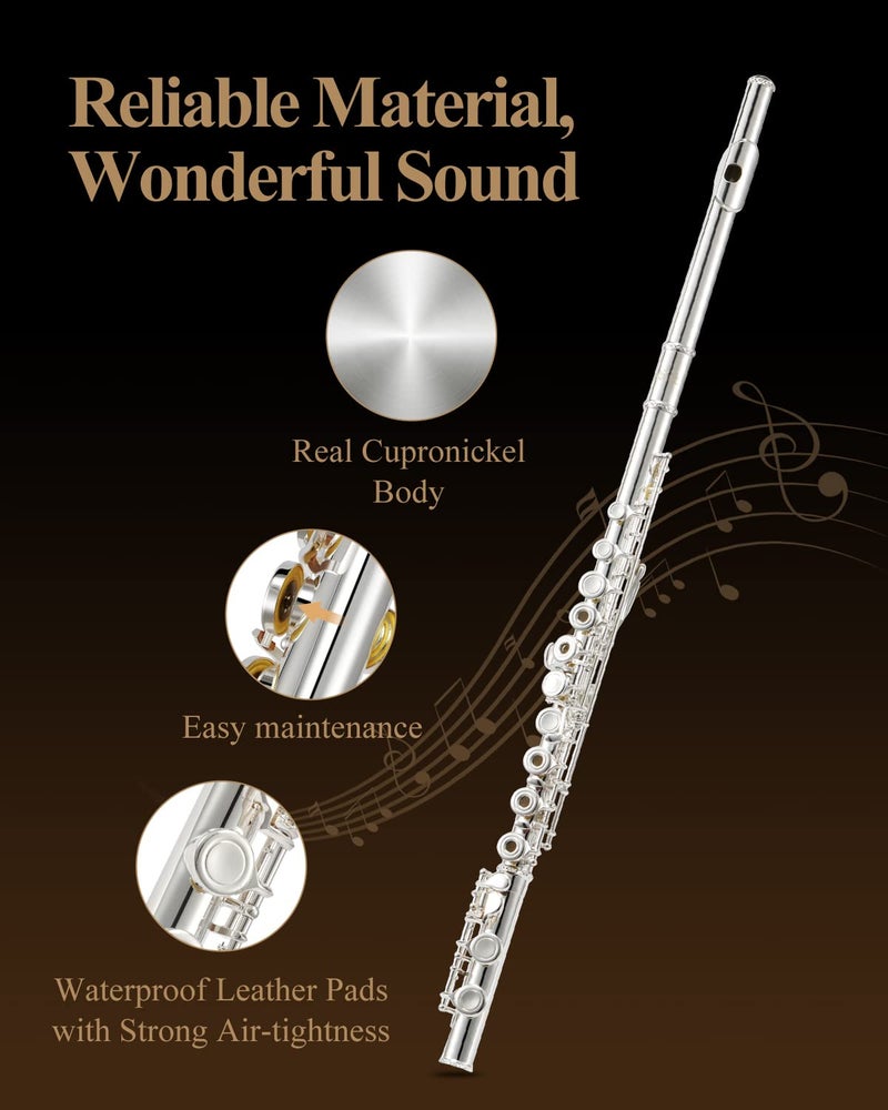 Eastar Open Hole 16 Keys Flute for Beginner Kids Student with Fingering Chart, Cleaning Kit, Stand, Case, Gloves, Tuning Rod, Silver, EFL-2 - Image 4